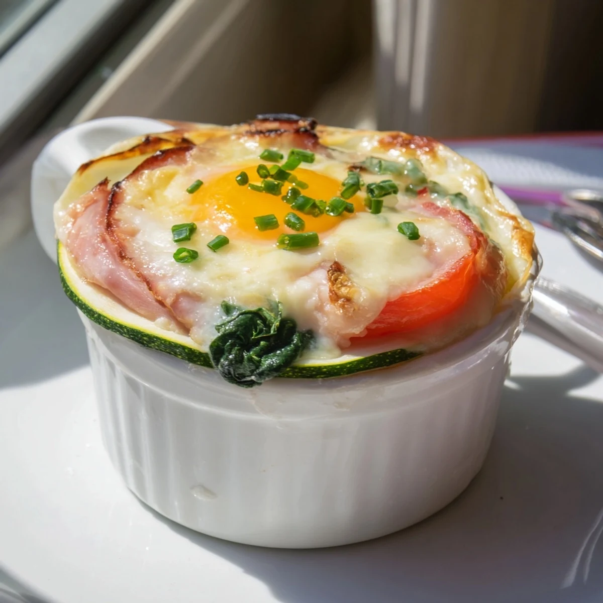 Layers of ham spinach and tomato beneath baked eggs Napoleon in individual ramekins