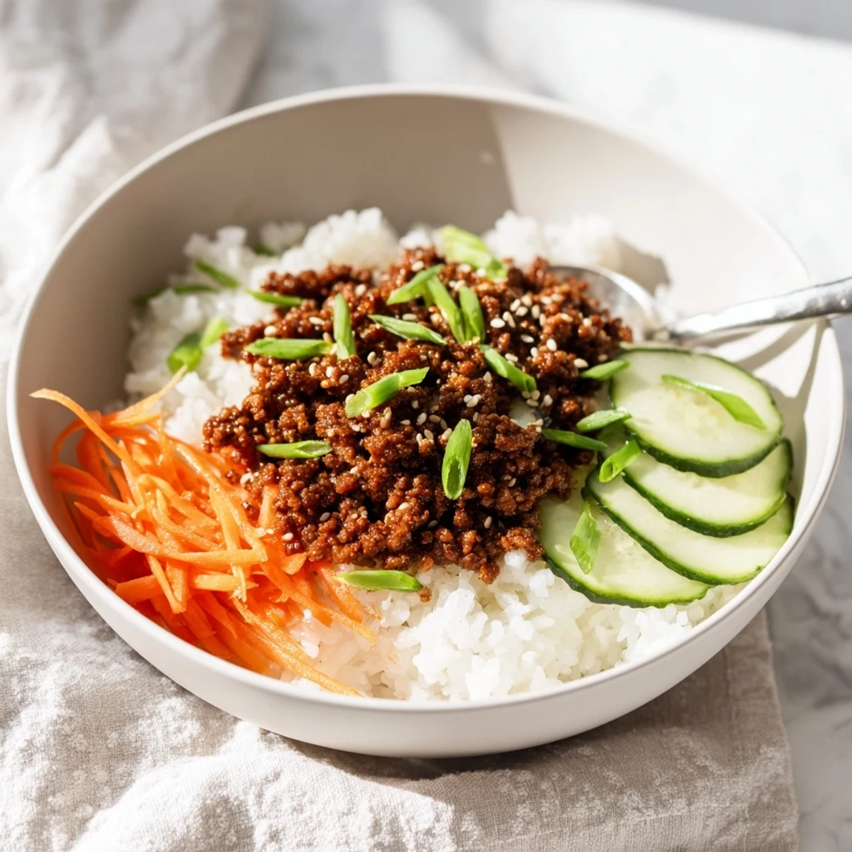 Savory Korean beef bowls with caramelized ground beef over fluffy white rice and crisp vegetables