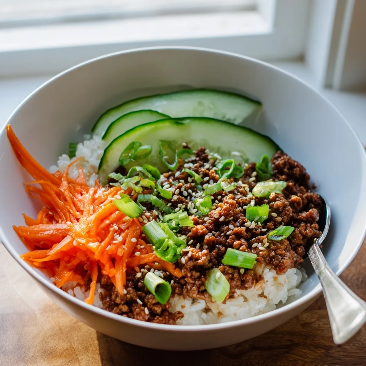 Korean beef bowls topped with julienned carrots cucumber scallions and toasted sesame seeds