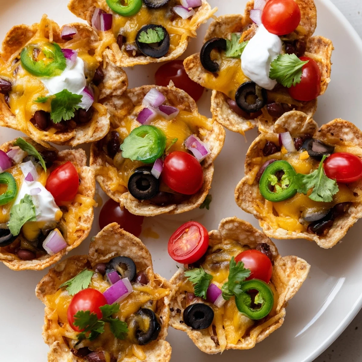 Golden cheesy nacho cups bubbling with melted cheddar and colorful fresh toppings