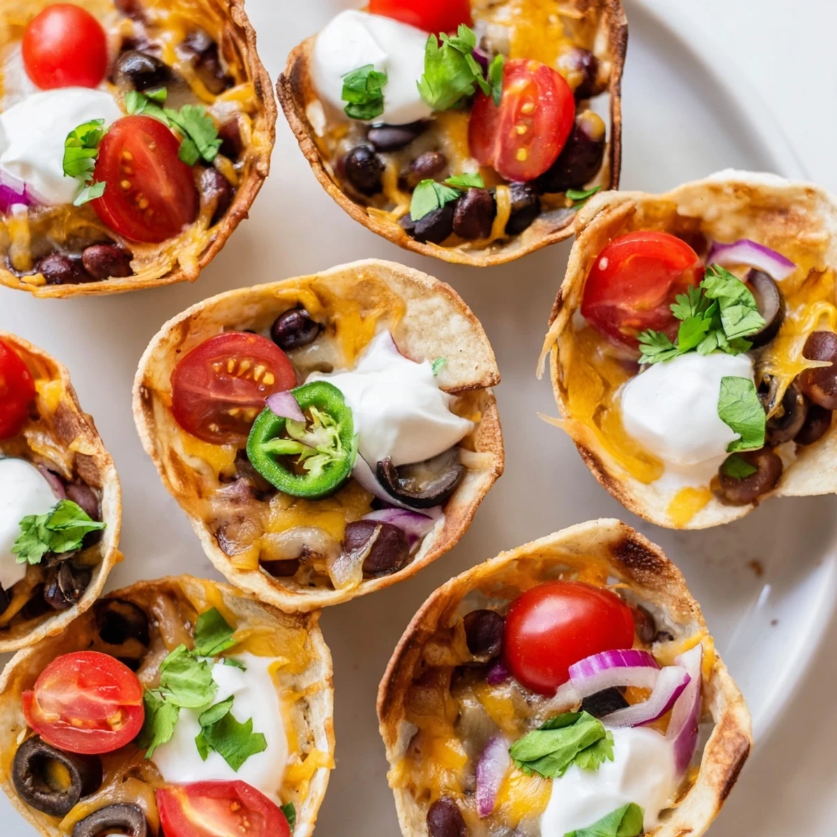 Mini tortilla cups overflowing with gooey cheese, beans, and zesty garnishes