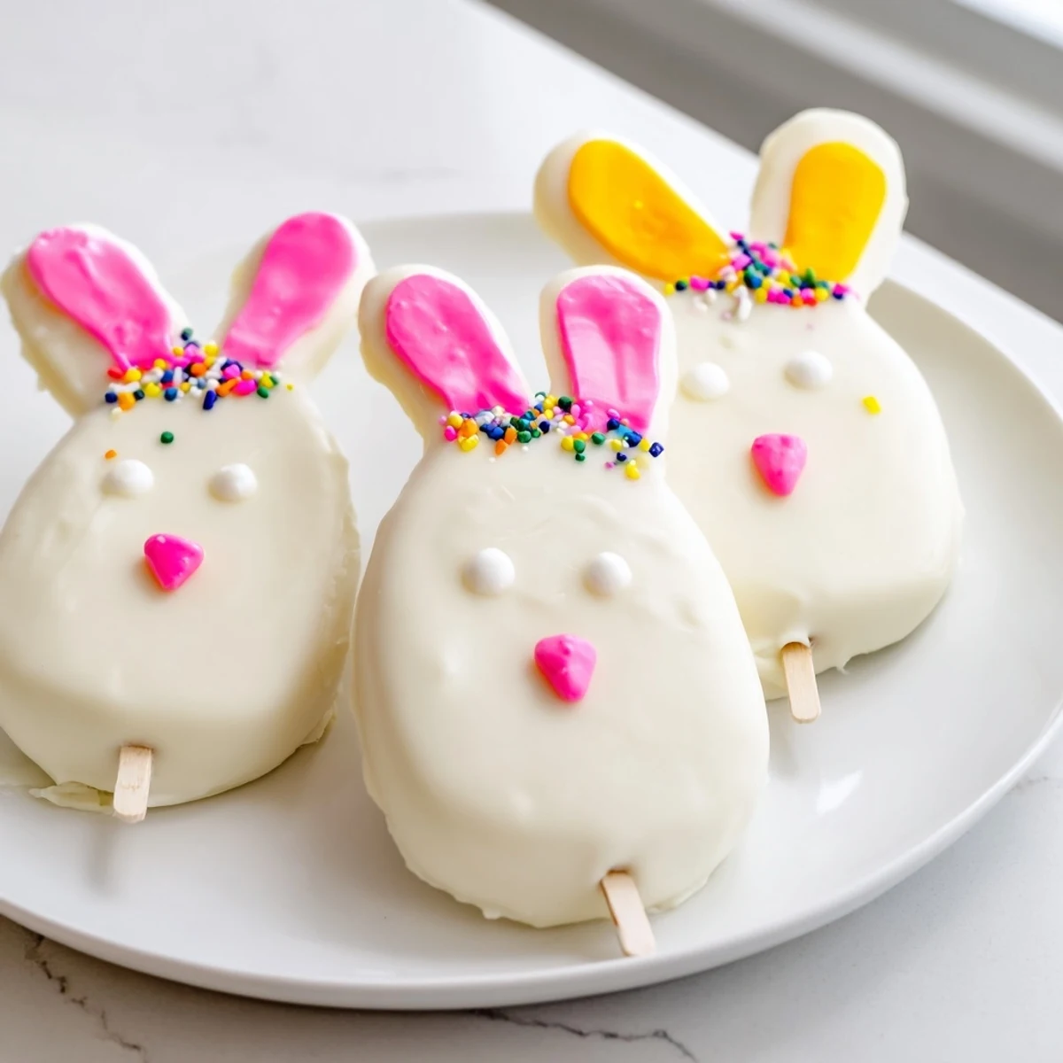 Creamy white chocolate bunny cakesicles with fondant ears arranged on parchment for an Easter celebration