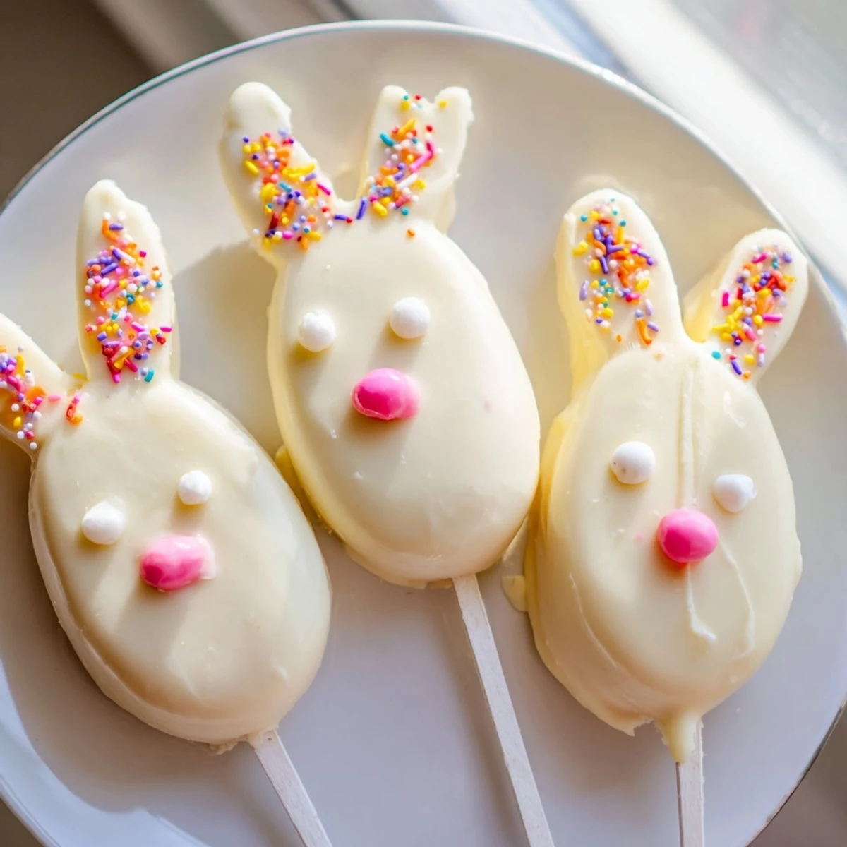 Adorable white chocolate bunny cakesicles decorated with candy eyes and pastel sprinkles on a festive tray