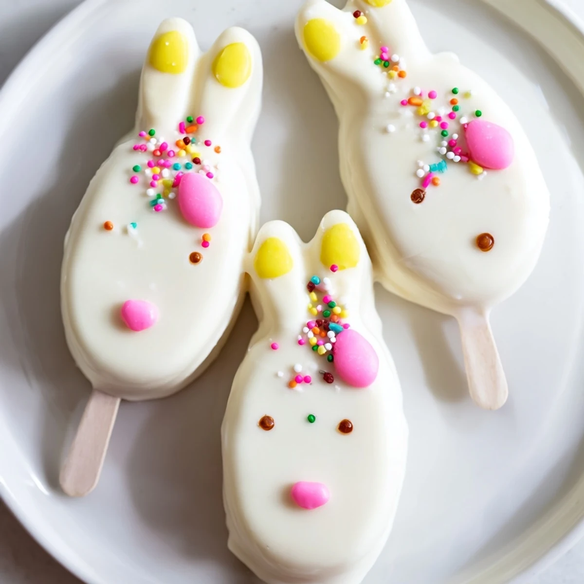 Smooth white chocolate bunny cakesicles featuring pink details and cheerful faces displayed as spring party treats