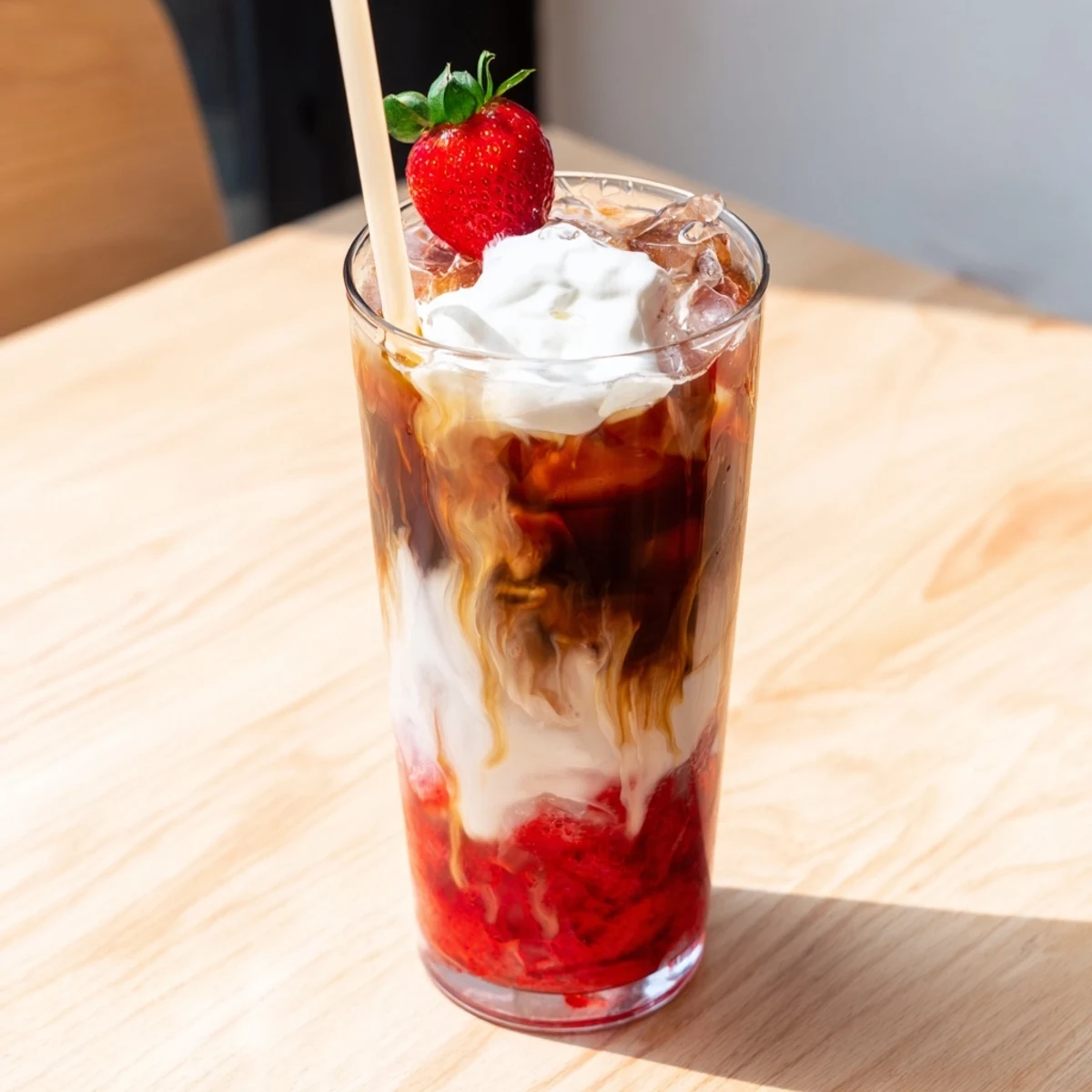 Creamy strawberry cream cold latte in a tall glass with ice and whipped topping