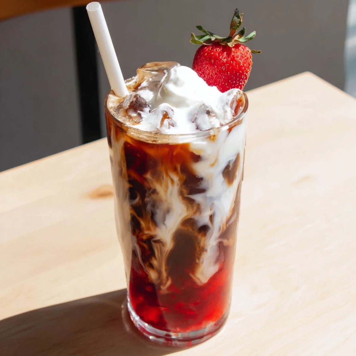 Strawberry cream cold latte with marbled coffee layers served over ice for summer