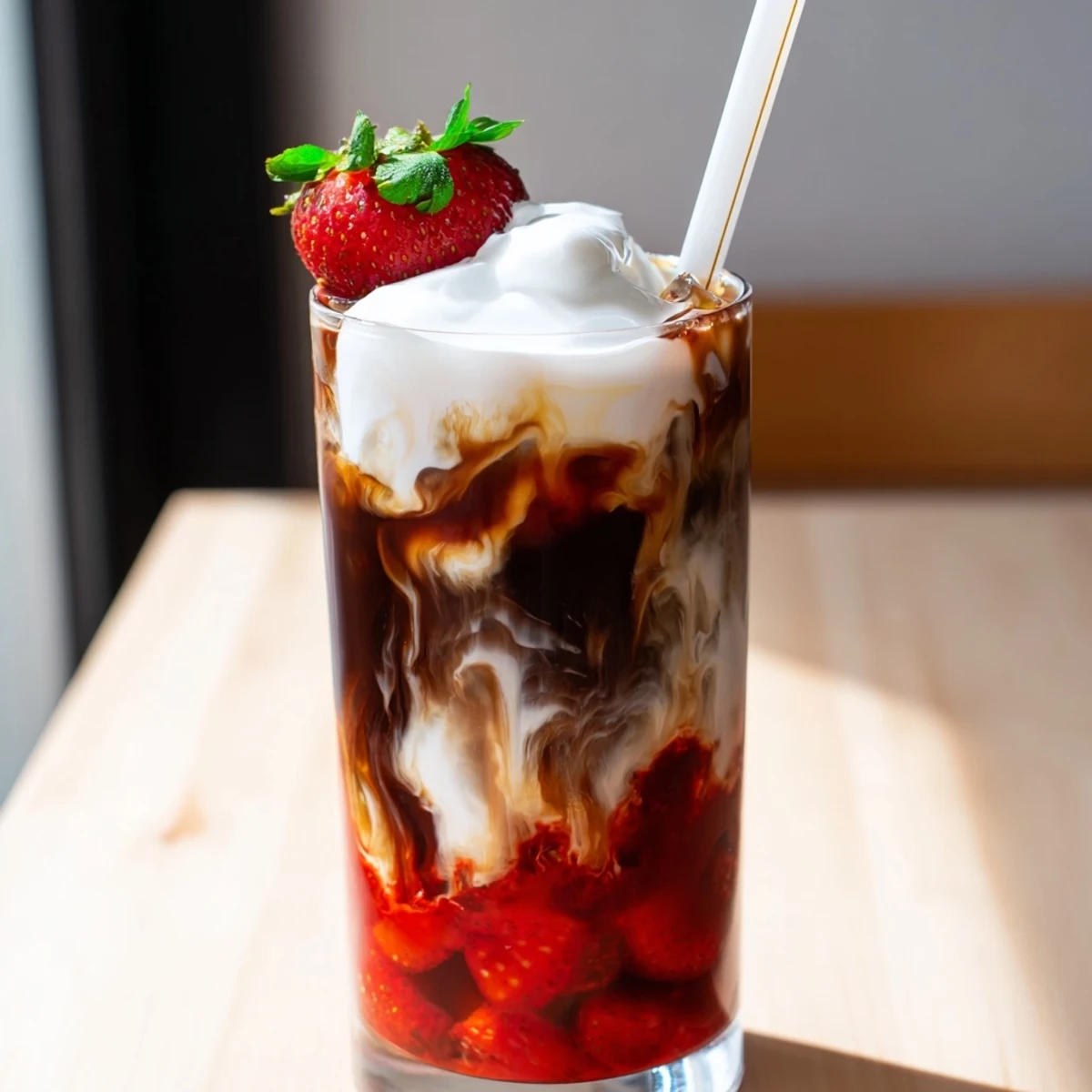 Iced strawberry cream cold latte topped with fresh berries and a swirl of cream