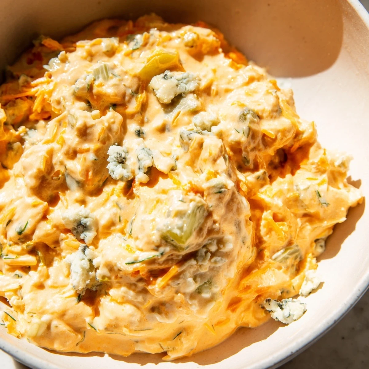 Creamy buffalo pickle dip in a serving bowl with chips arranged for game day snacking