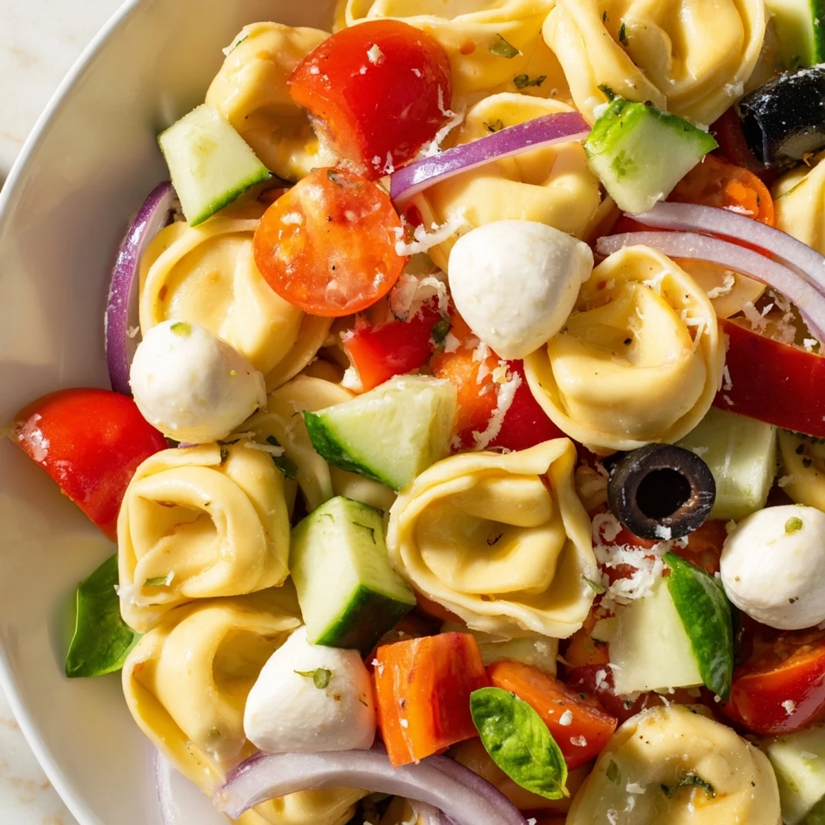 Creamy cheese tortellini salad tossed with crisp vegetables and herbs in a white bowl