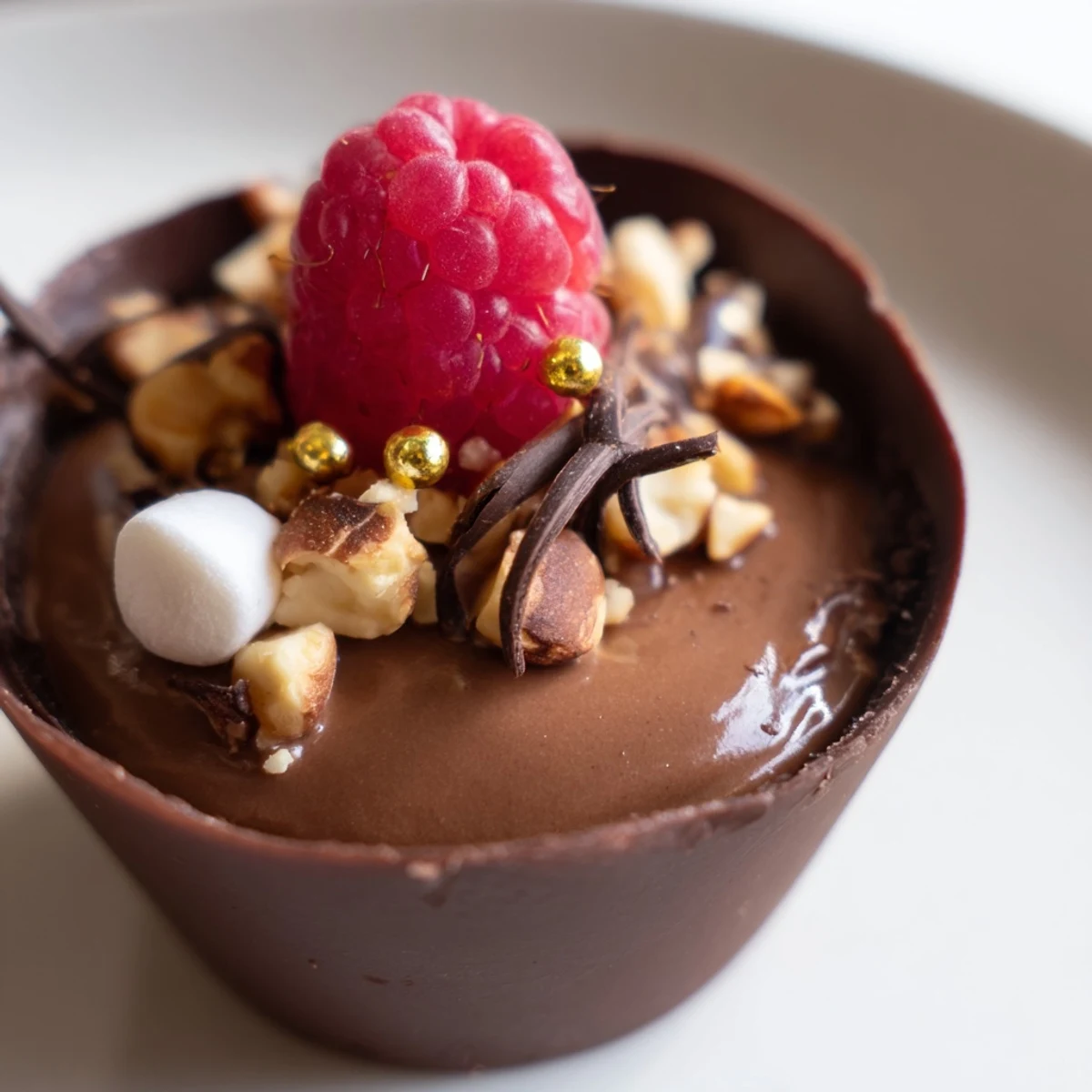 Decadent chocolate grazing cups filled with fluffy mousse and topped with fresh berries