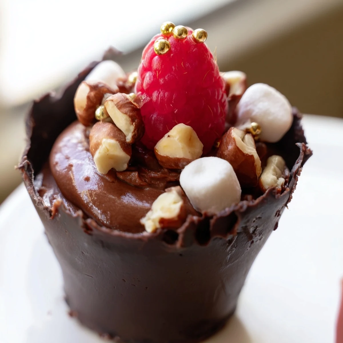 Rich chocolate mousse cups topped with colorful berries, nuts, and chocolate curls