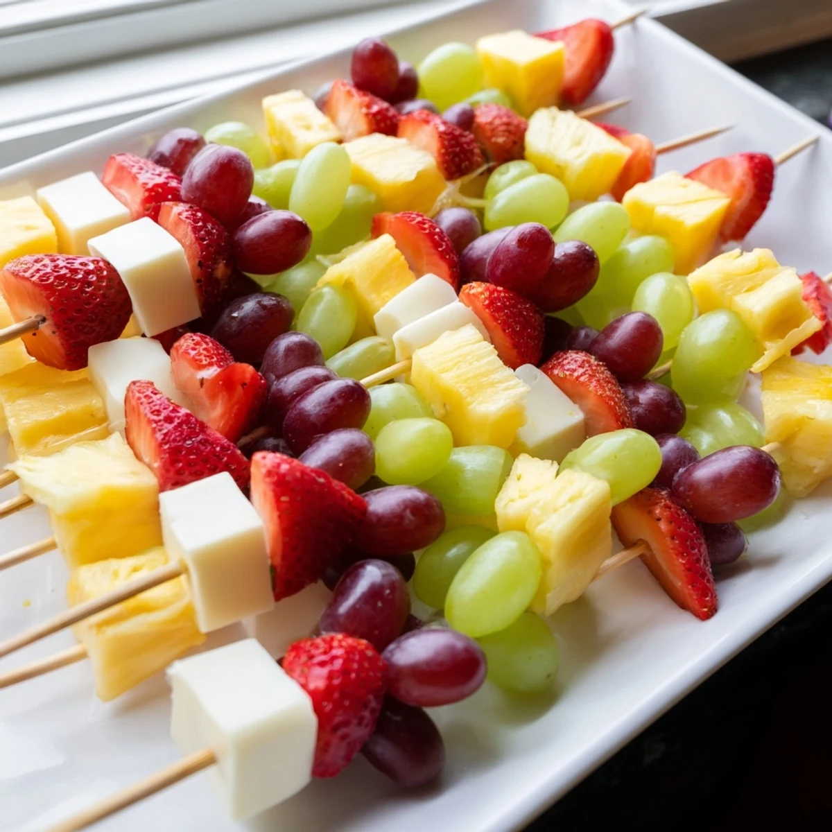 Colorful fruit and cheese kabobs arranged on a rustic wooden serving platter