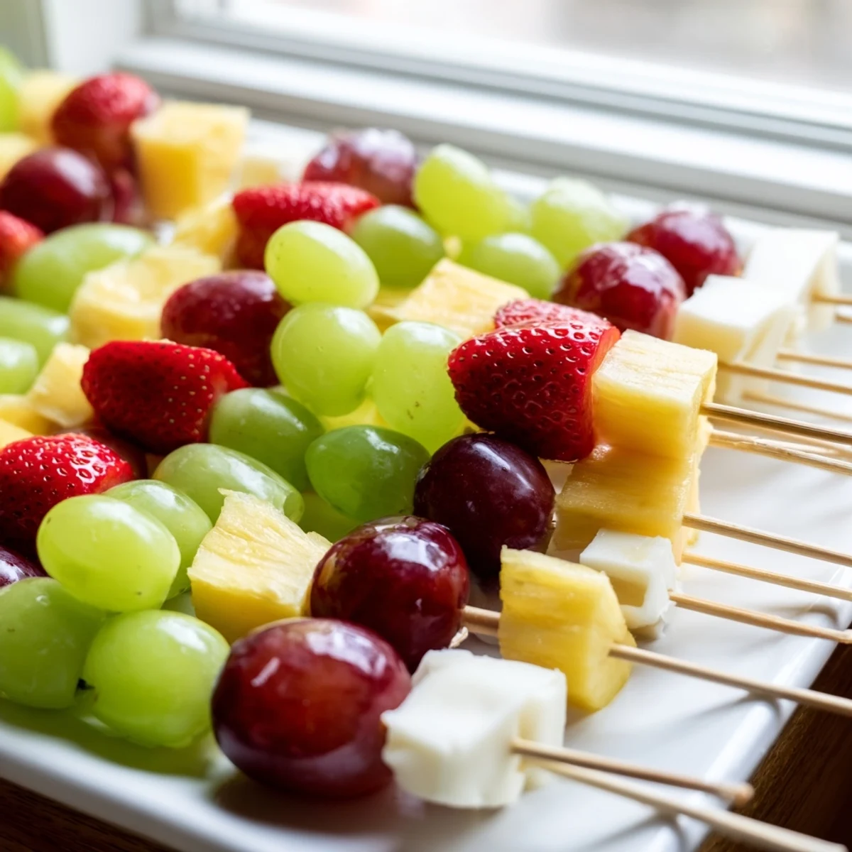 Fresh strawberries, grapes, and cheddar cubes threaded on skewers for party guests