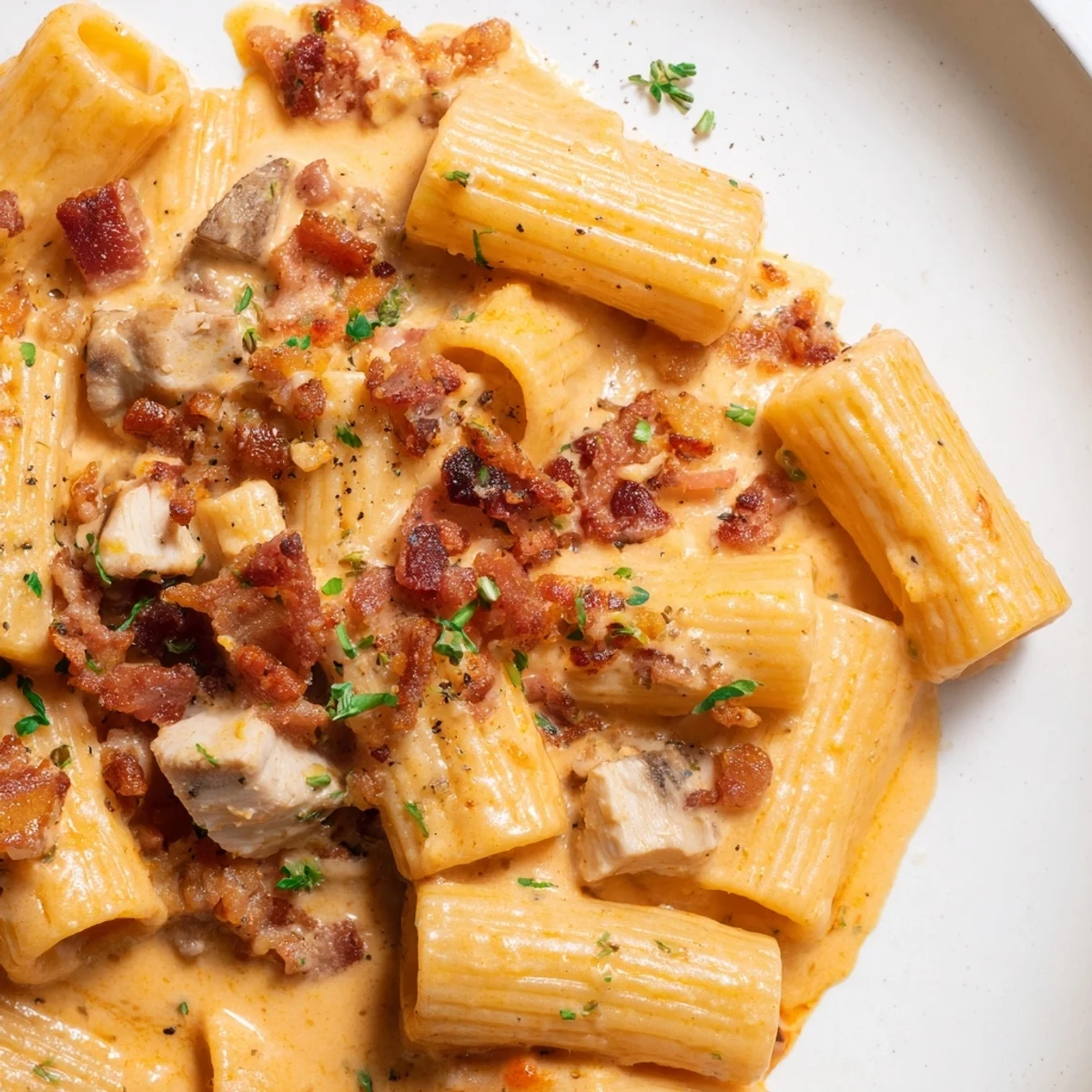 Creamy Crack Chicken Pasta with crispy beef bacon and fresh herbs in a rich, cheesy sauce