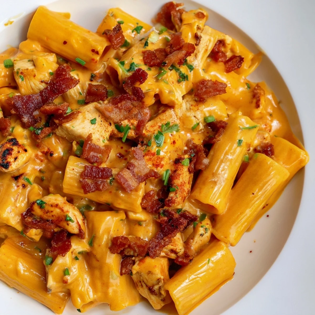 Golden tender chicken pieces smothered in creamy Crack Chicken Pasta sauce with crispy bacon topping