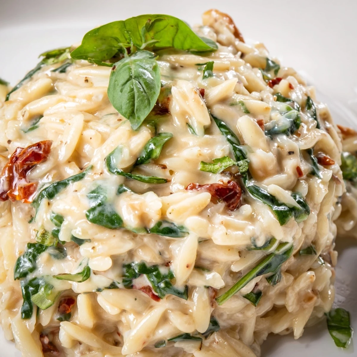 Creamy Tuscan orzo in a skillet with wilted spinach and sun-dried tomatoes throughout