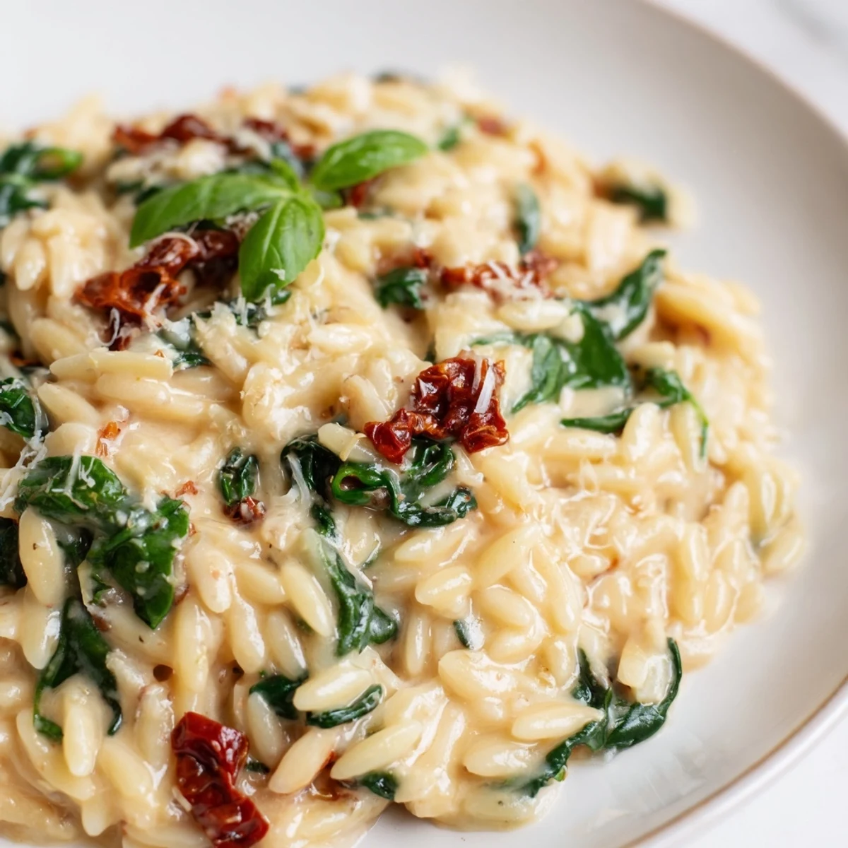 Warm creamy Tuscan orzo topped with fresh basil and grated Parmesan cheese