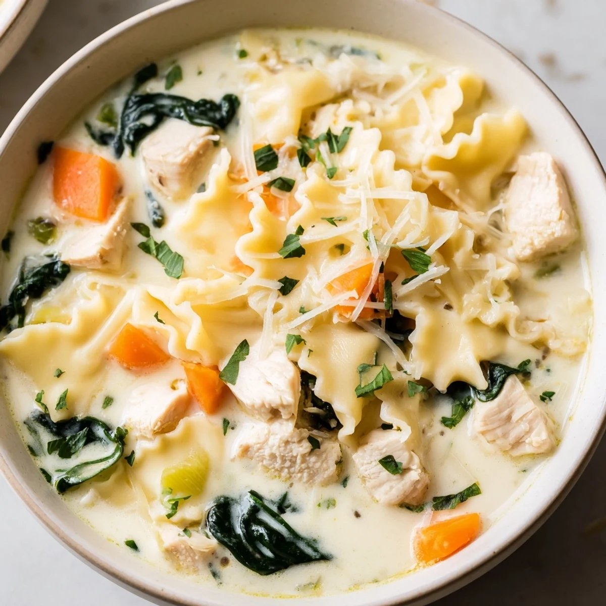 Creamy Italian white lasagna soup in a rustic bowl with melted cheese and fresh parsley garnish