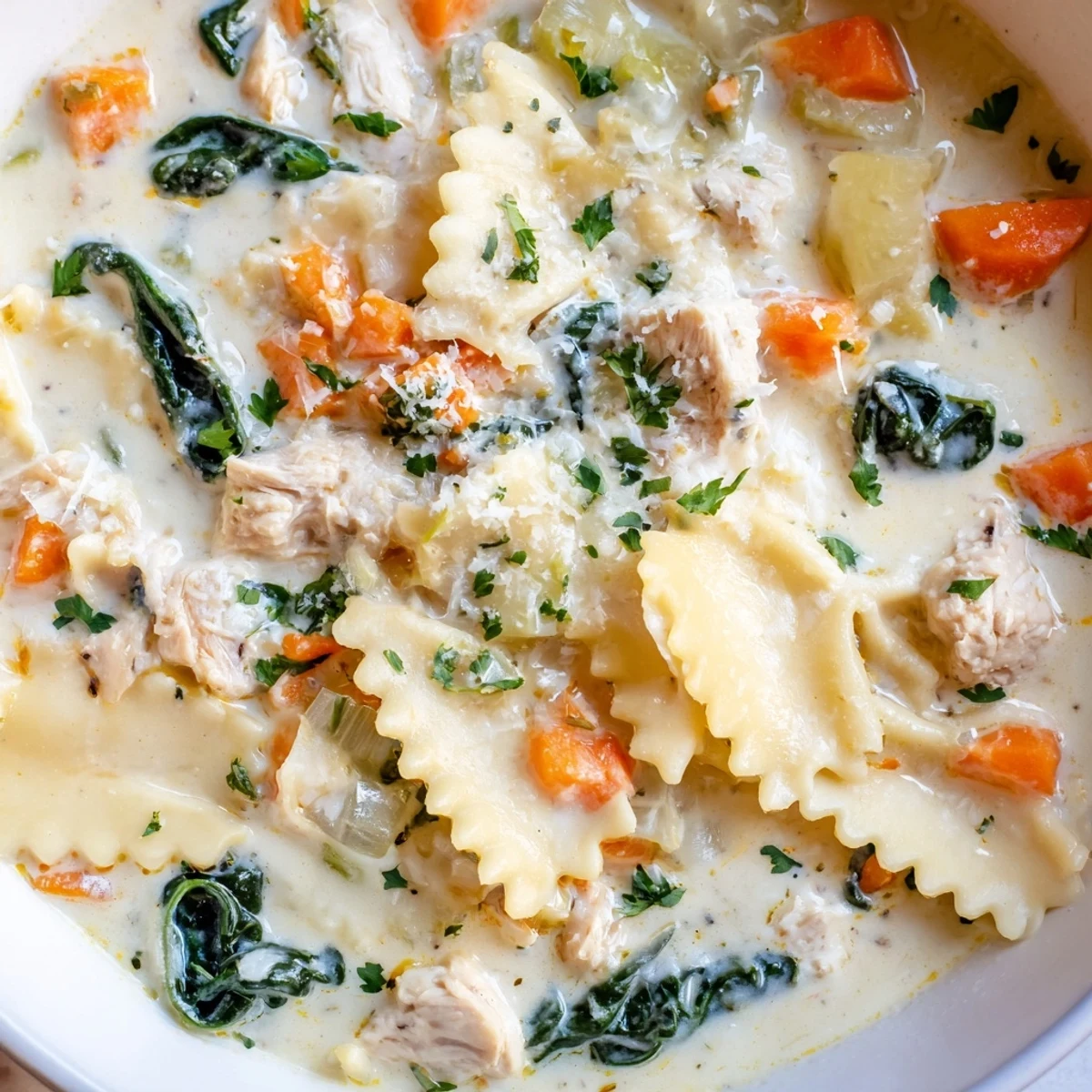 Steaming bowl of Italian white lasagna soup featuring tender chicken spinach and broken pasta noodles