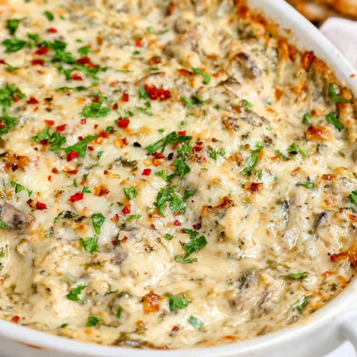 Creamy stuffed mushroom dip bubbling with melted cheese in a golden cast iron skillet