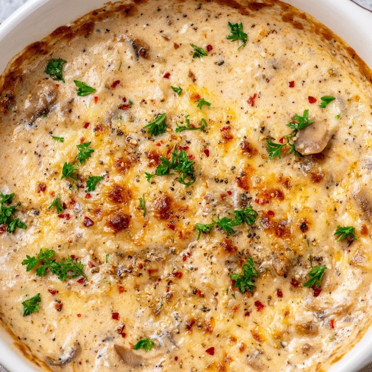 Warm stuffed mushroom dip served with crispy baguette slices and fresh vegetable crudités