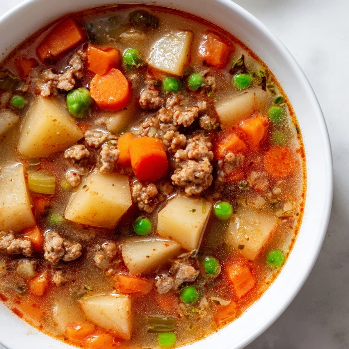 Steaming bowl of ground beef and potato soup with tender chunks and savory broth