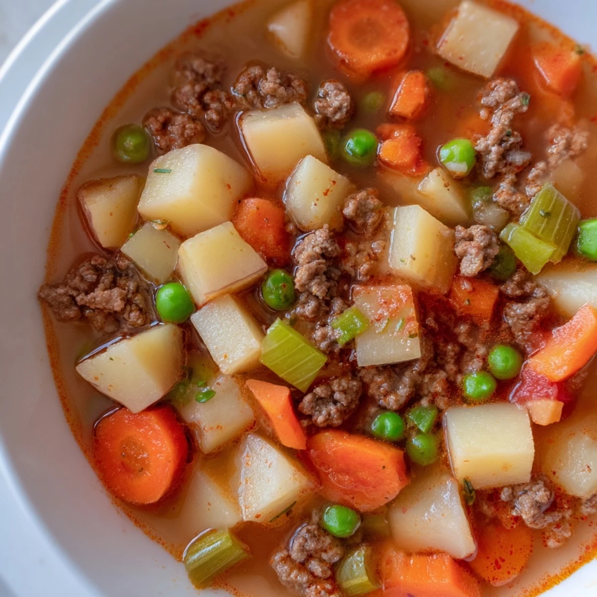 Hearty ground beef and potato soup loaded with vegetables in a rustic bowl