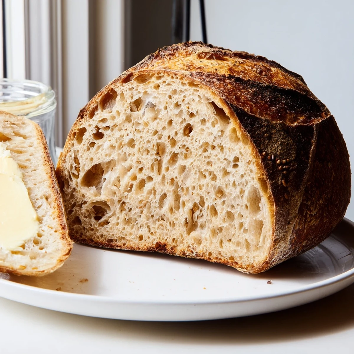 Golden crusty sourdough bread fresh from the Dutch oven with steam rising