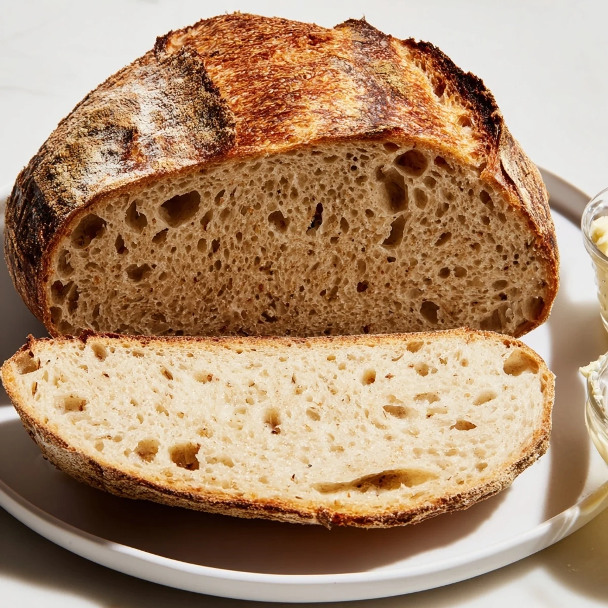 Rustic sourdough bread loaf scored with artisan cuts on a wire cooling rack