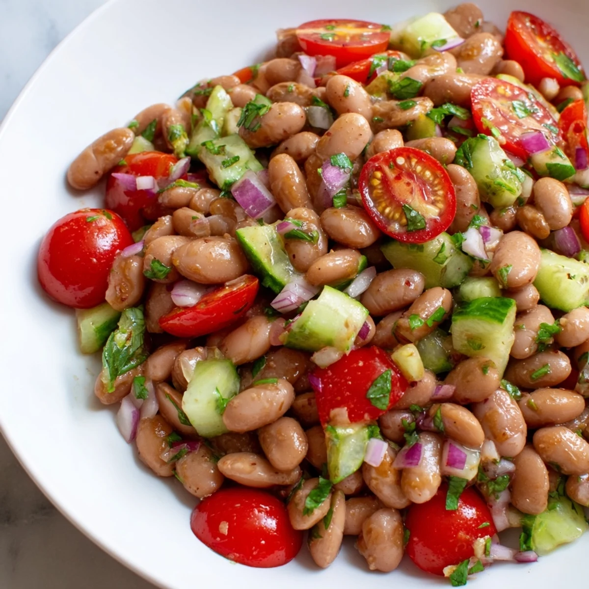 Colorful pinto bean salad topped with cherry tomatoes and zesty lime dressing