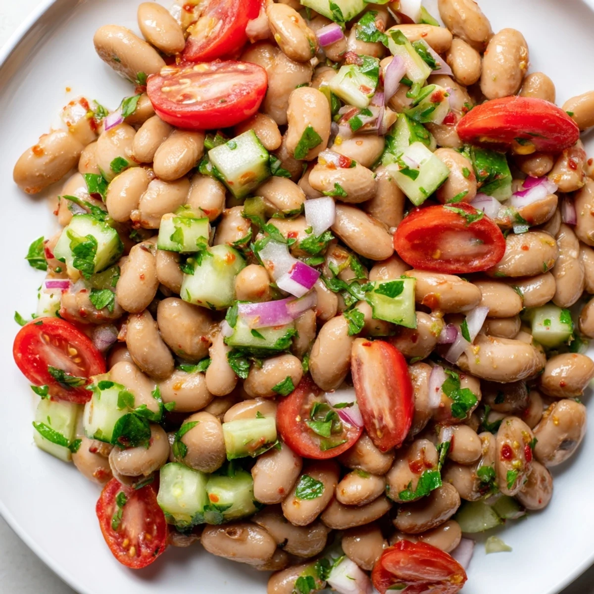 Creamy pinto beans tossed with crisp cucumbers peppers and bright cilantro