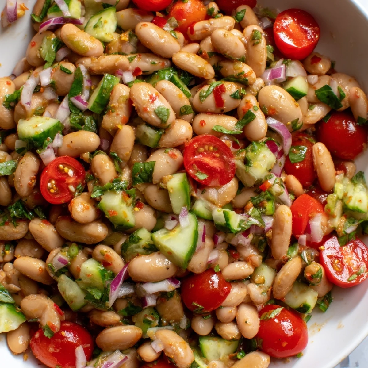 Hearty pinto bean salad served in a white bowl garnished with fresh herbs