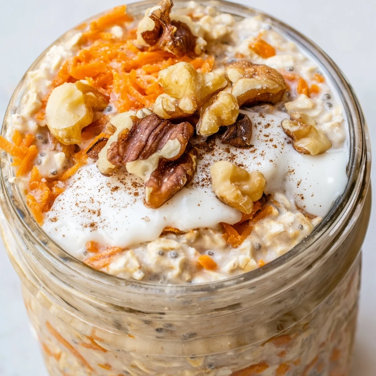 Creamy carrot cake overnight oats topped with walnuts in a glass jar