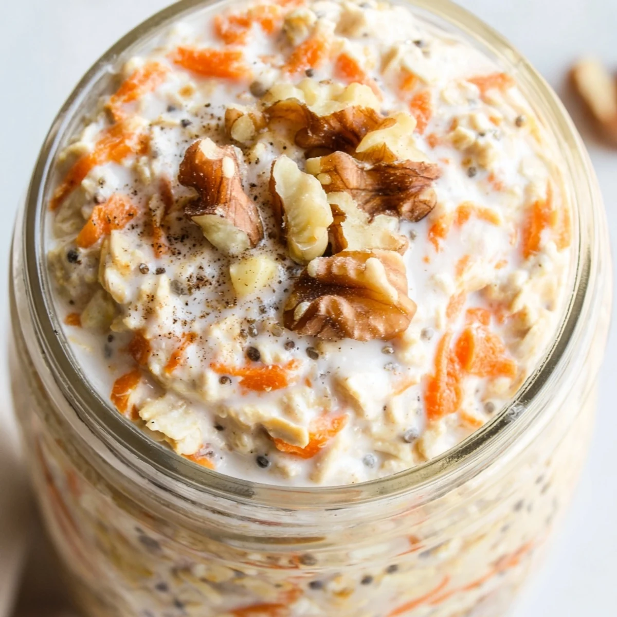 Thick spiced carrot cake overnight oats served with raisins and pecans