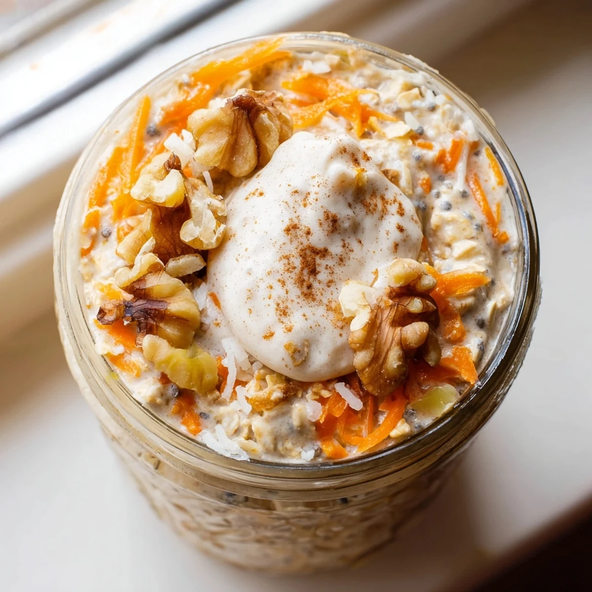 Carrot cake overnight oats swirled with cinnamon and a cream cheese drizzle