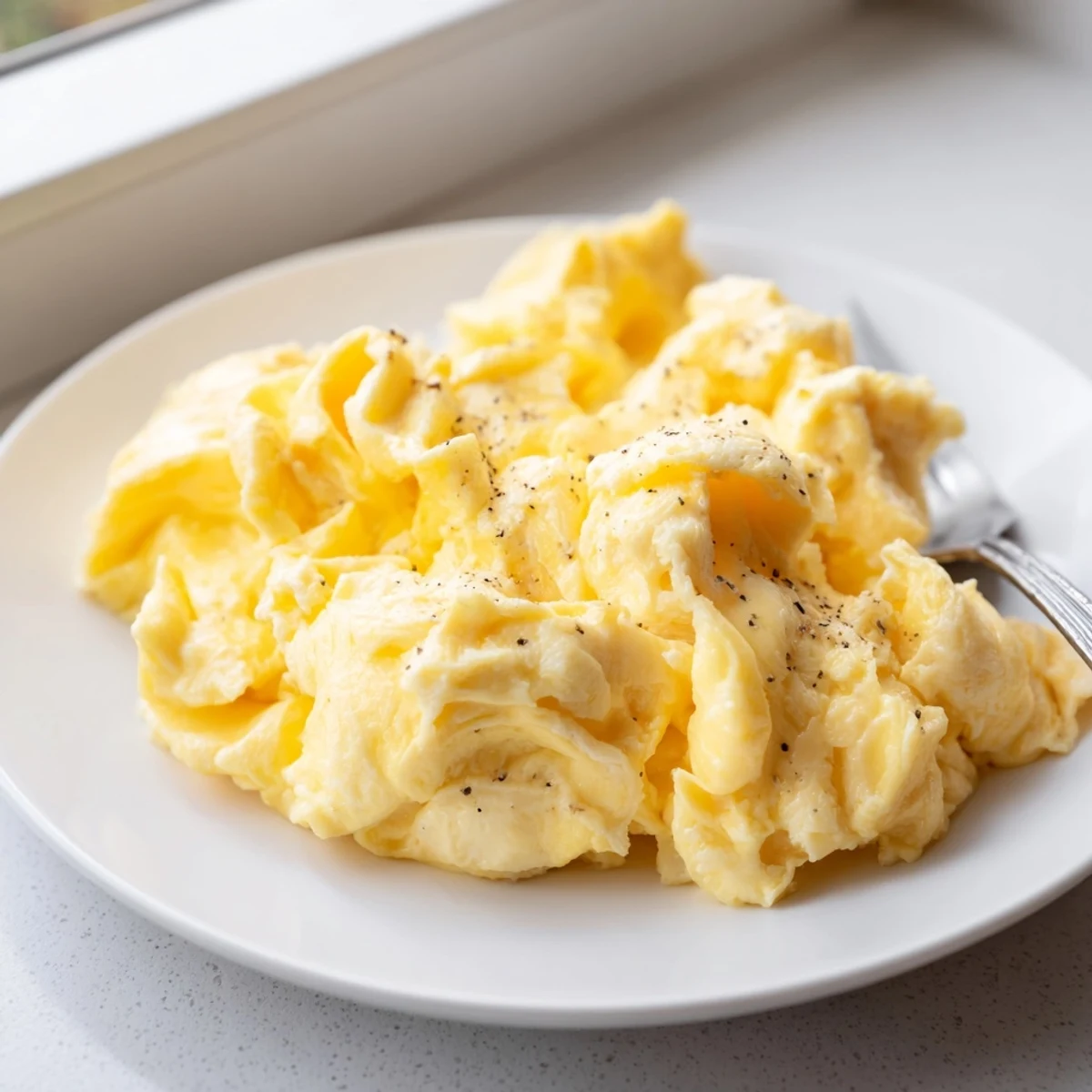 Fluffy scrambled eggs served alongside crispy toast and fresh herbs in a cozy breakfast setting