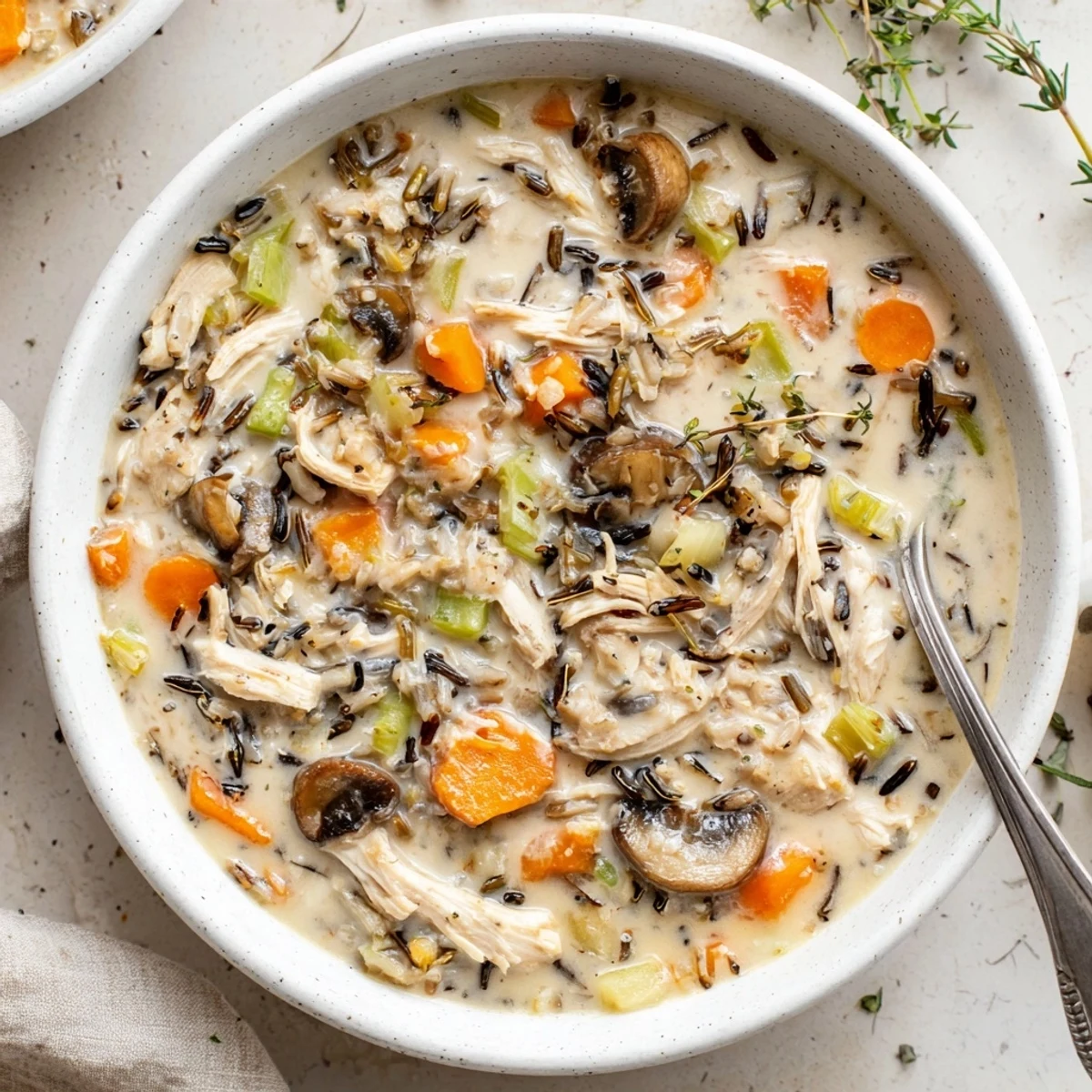 Steaming bowl of creamy slow cooker chicken mushroom wild rice soup with shredded chicken.