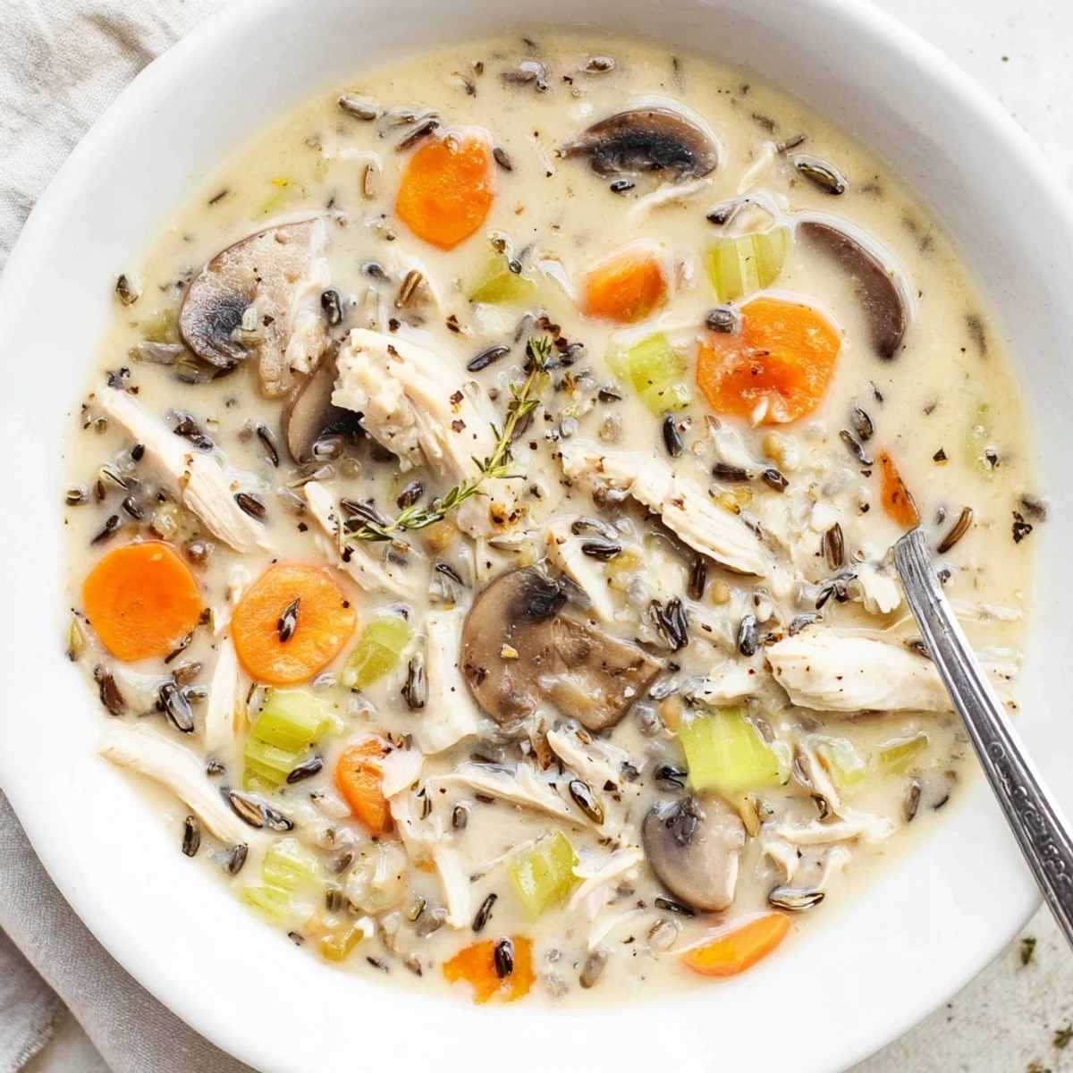 Golden creamy slow cooker chicken mushroom wild rice soup ladled over wild rice grains.