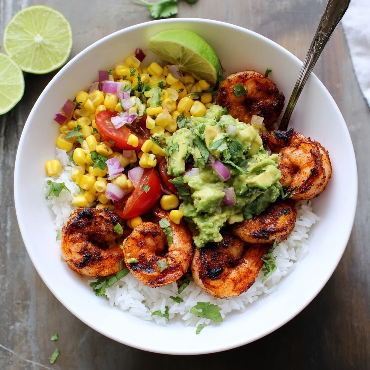 Charred grilled shrimp bowl with avocado corn salsa over fluffy white rice