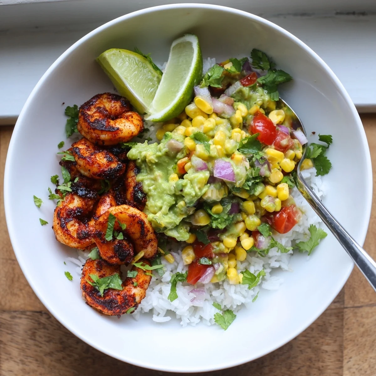 Smoky grilled shrimp bowl topped with vibrant avocado corn salsa and lime wedges