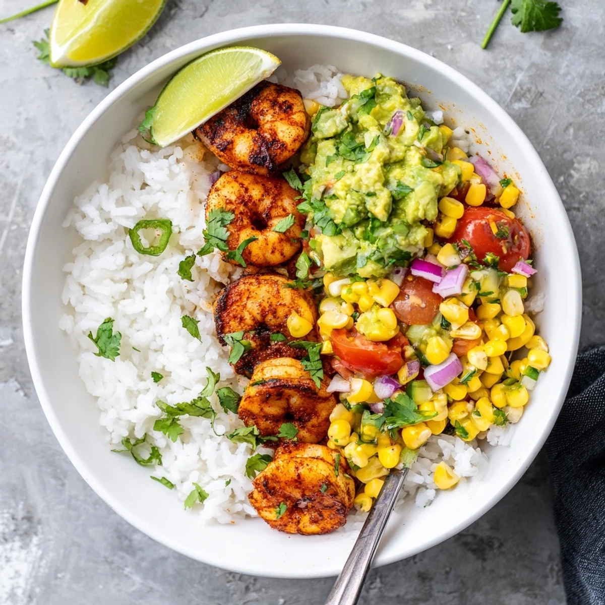 Succulent grilled shrimp bowl with fresh avocado corn salsa served in a rustic bowl