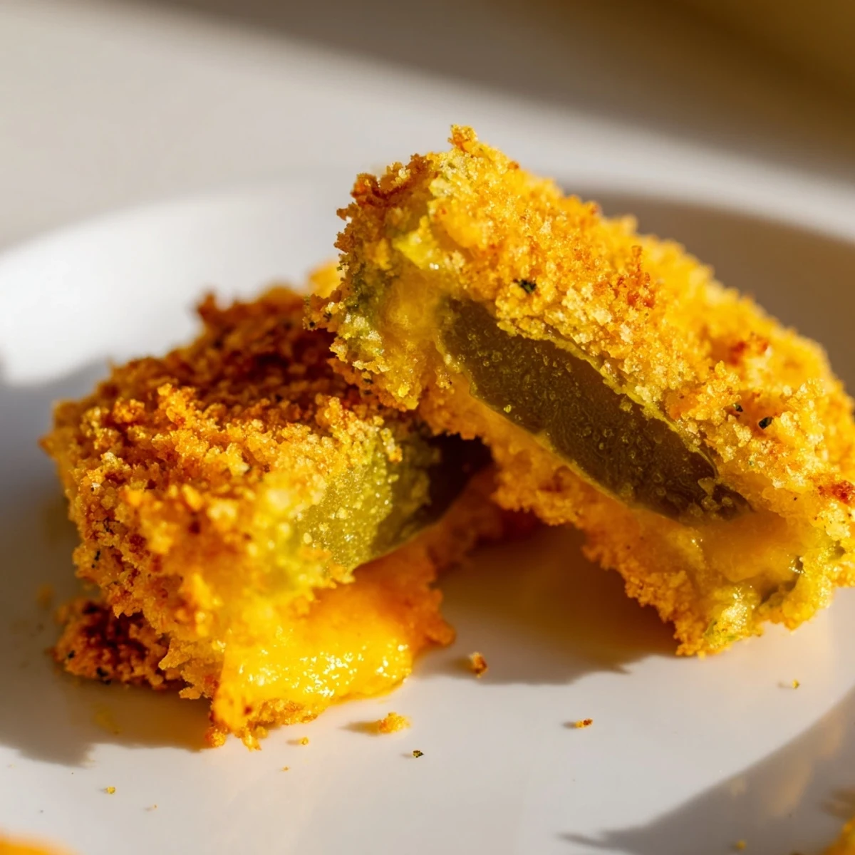 Crunchy fried dill pickle and cheddar cheese bites stacked on a paper towel