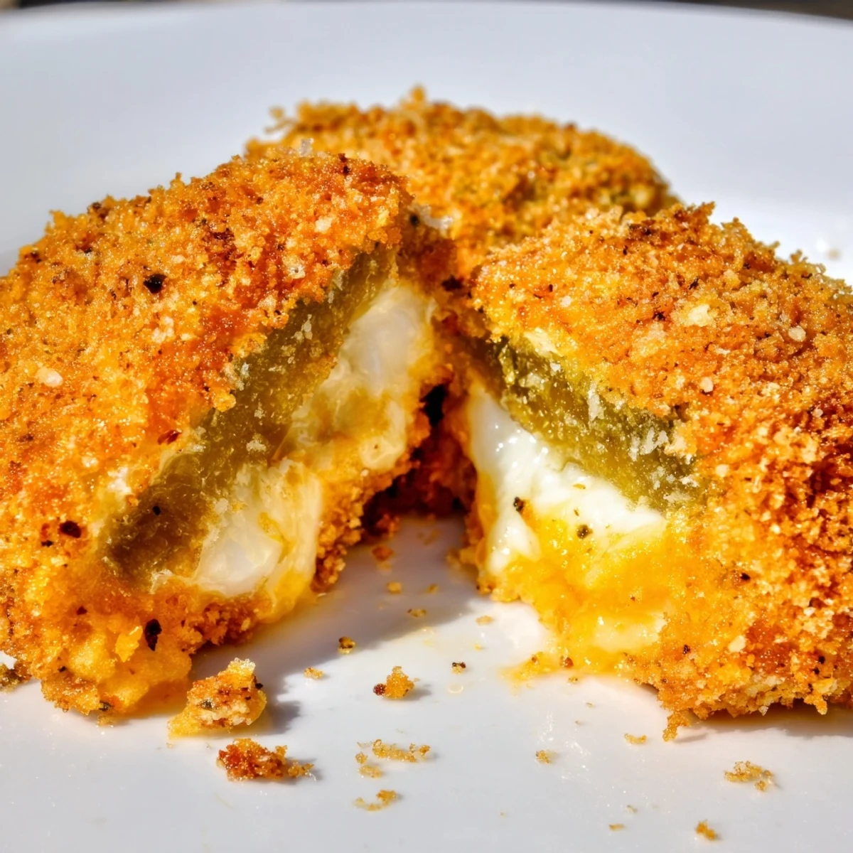 Gooey cheddar oozes from crispy pickle cheese bites on a party snack platter