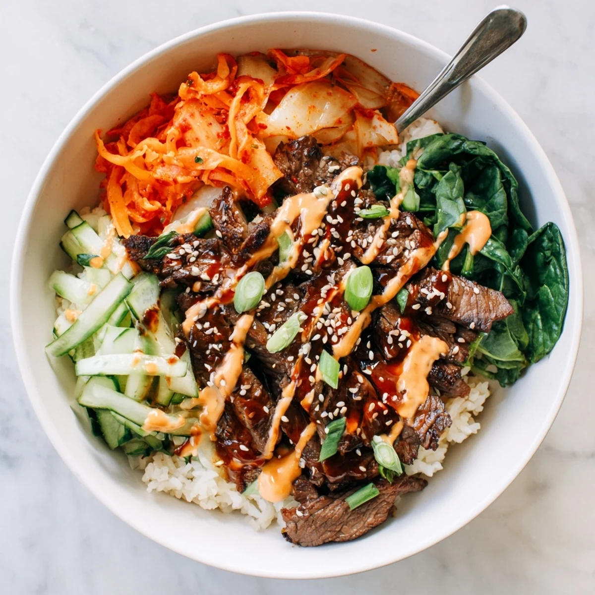 Sizzling caramelized Korean BBQ steak rice bowls drizzled with spicy cream sauce