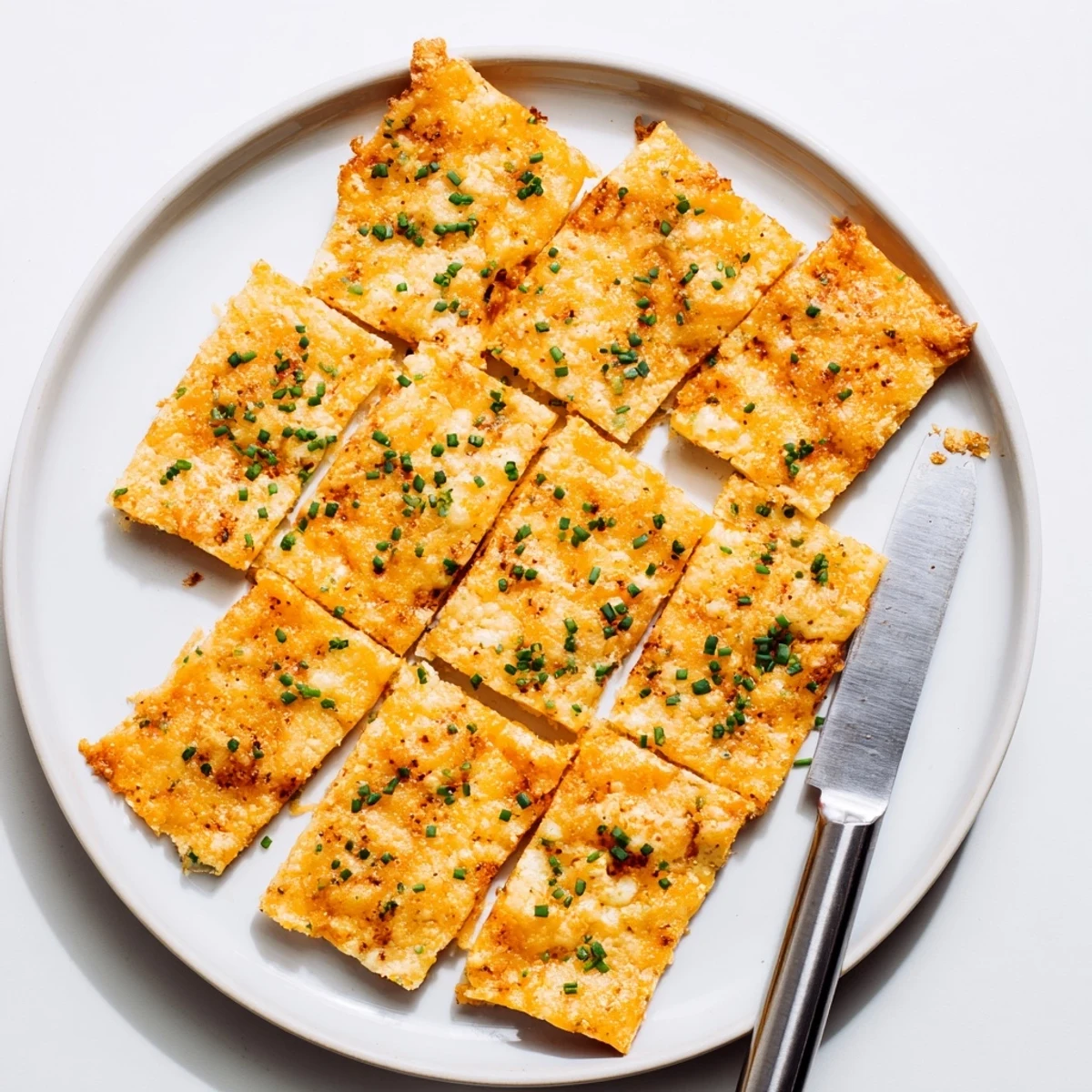 Golden baked cheddar herb snacks arranged on parchment with crispy edges