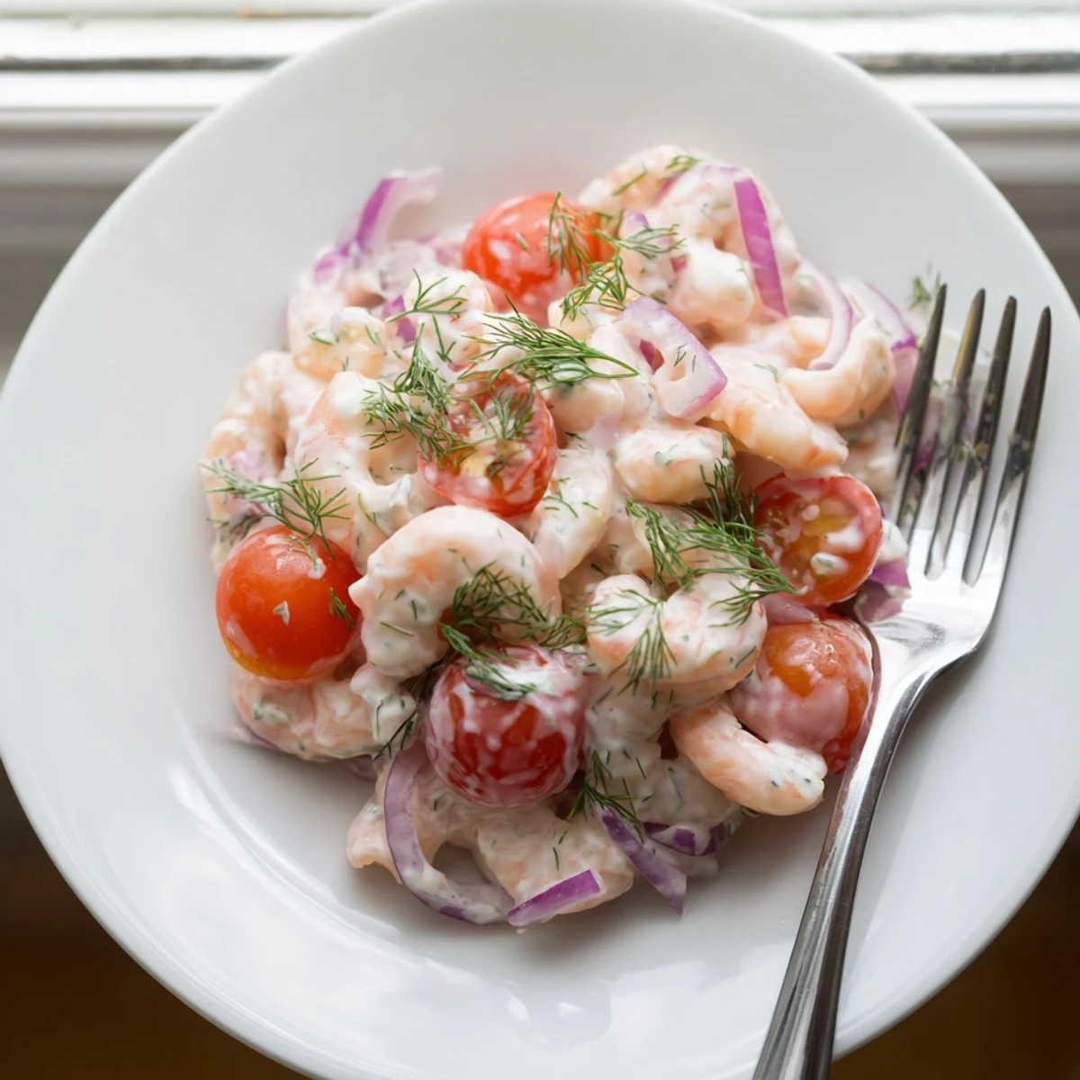 Pink shrimp salad recipe topped with fresh dill and halved cherry tomatoes.