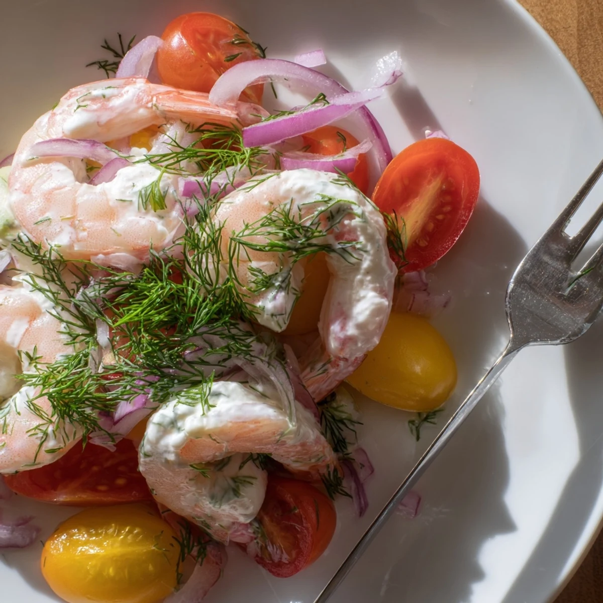 A chilled shrimp salad recipe plated over crisp greens with zesty lemon dressing.