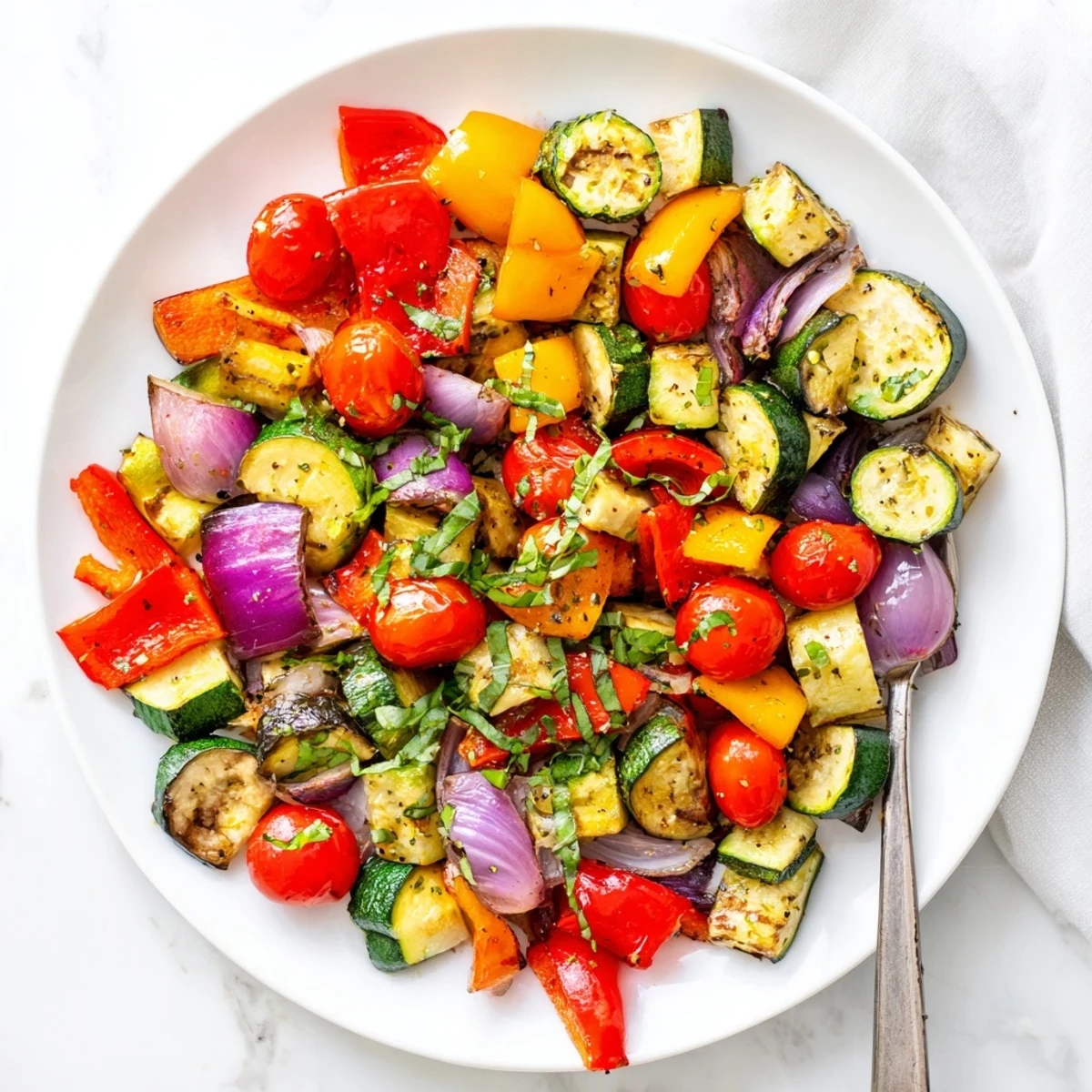 Caramelized bell peppers and eggplant in classic Mediterranean roasted vegetables on a rustic platter.