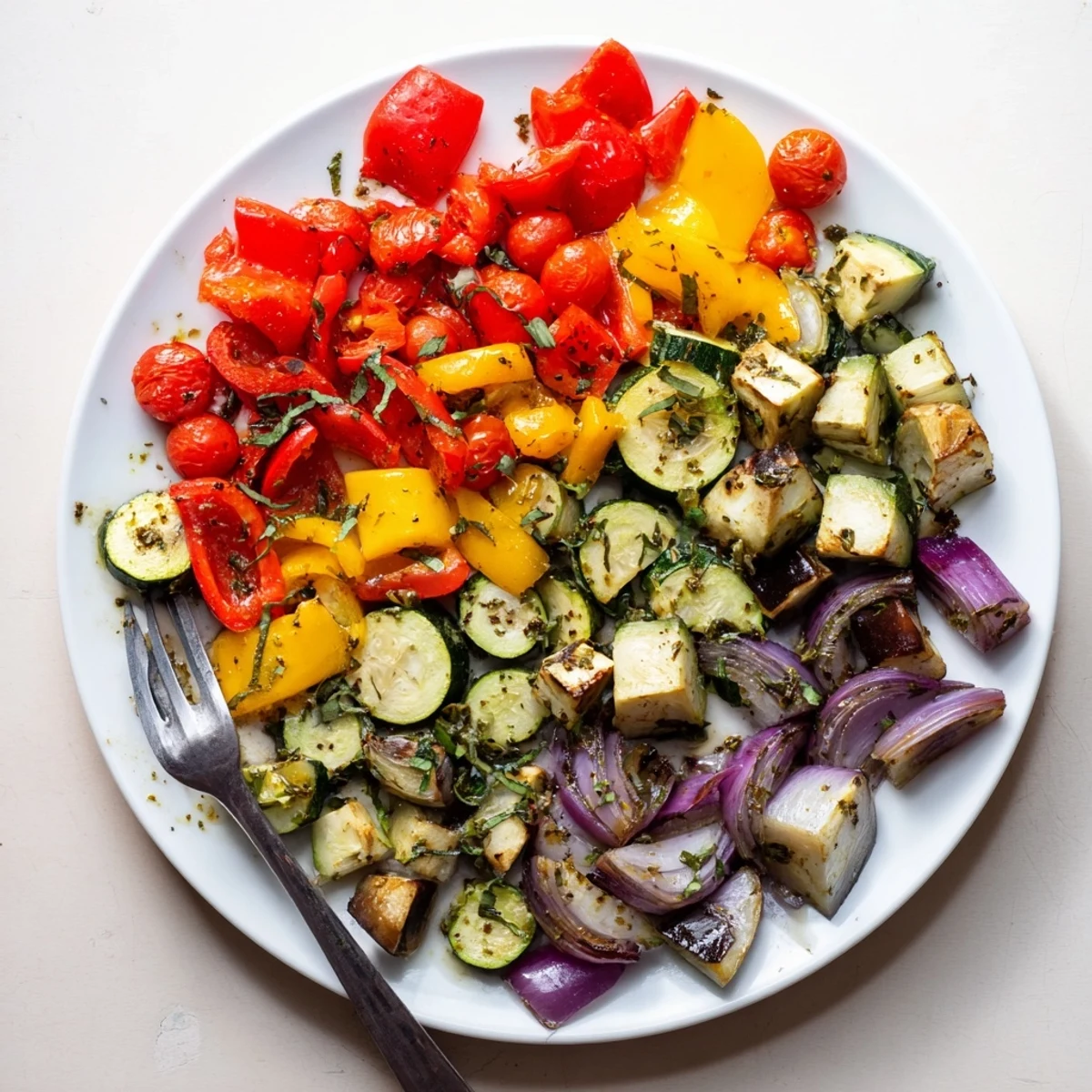 A warm serving of classic Mediterranean roasted vegetables garnished with fresh basil and caramelized edges.