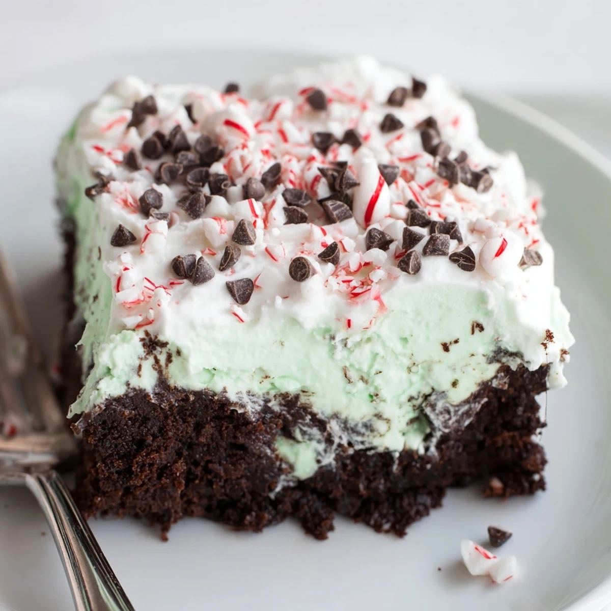 Peppermint Poke Cake sliced on plate, fluffy whipped topping and crushed candies.